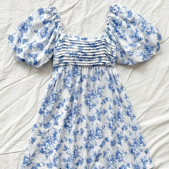 Blue and White Boho Women's Holiday U-Neck Bubble Sleeve A-Line Floral Dress - Picture 5 of 5